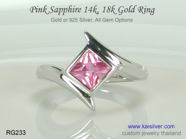silver or gold ring with pink sapphire 